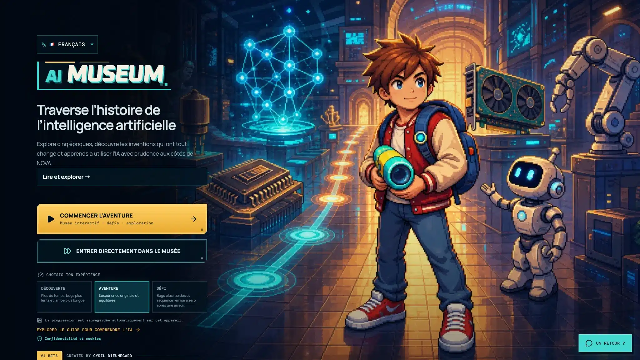 Page d'accueil du jeu AI Museum en pixel art : « Traverse l'histoire de l'intelligence artificielle », cinq époques à explorer