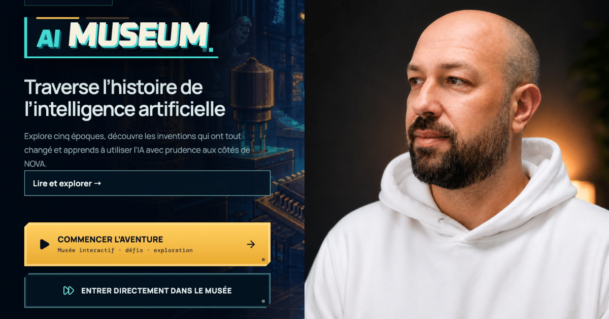 Cyril Dieumegard, intervenant du brevet fédéral AI Business Specialist chez On Future, créateur du plugin ChatGPT AI Museum, avec la page d'accueil du jeu en pixel art