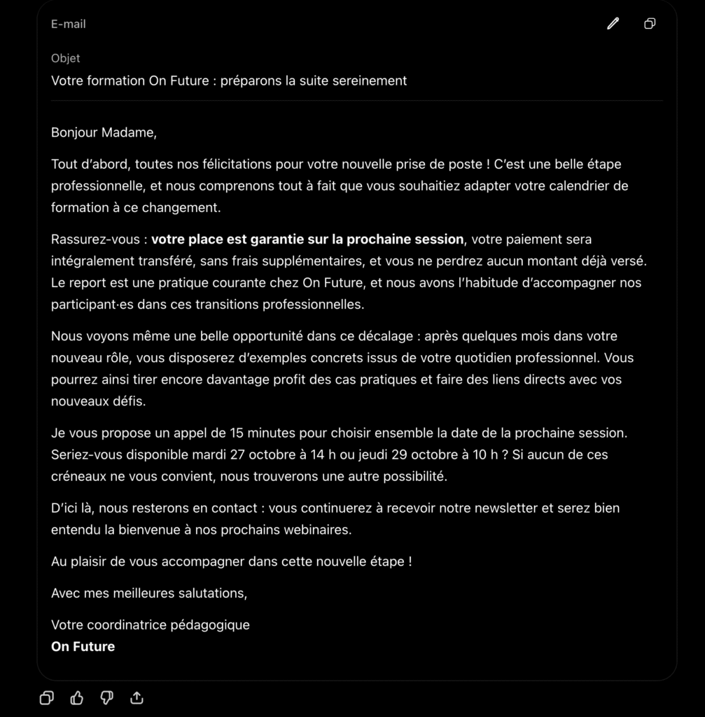 Le même email rédigé par ChatGPT avec des dates de rendez-vous correctes