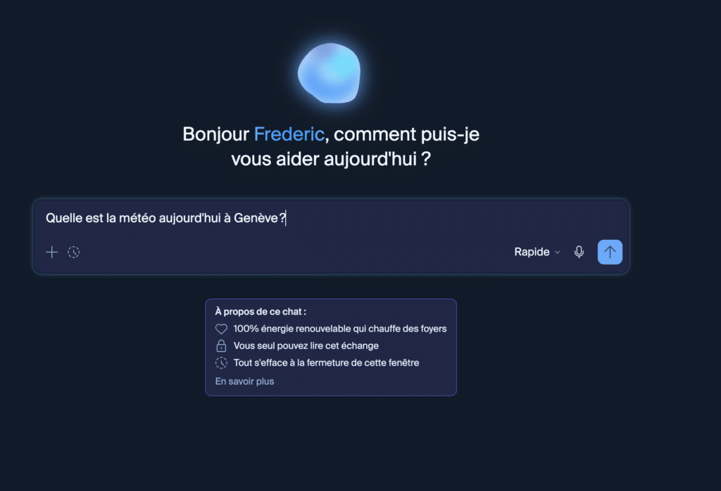 Mode éphémère activé dans Euria, tout s'efface à la fermeture de la fenêtre