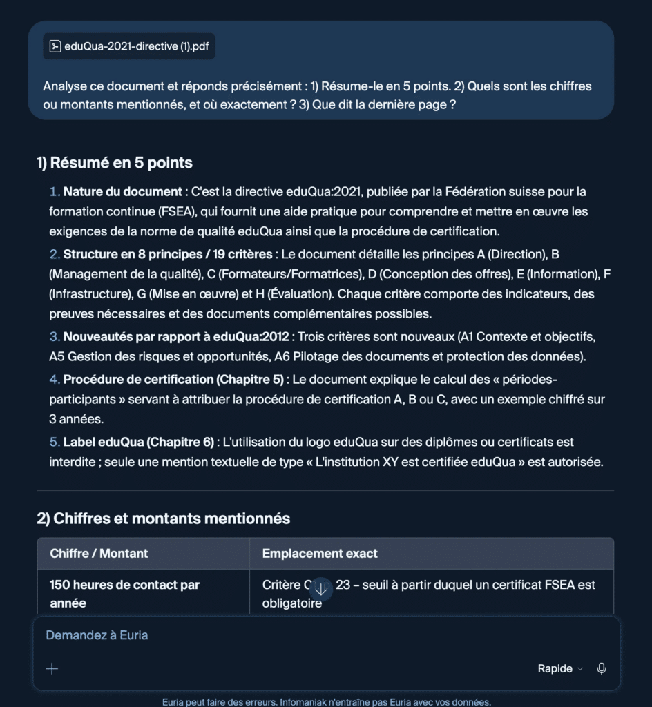 Analyse paginée de la directive eduQua 2021 par Euria