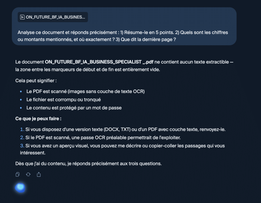Euria signale un PDF sans texte extractible et propose des alternatives
