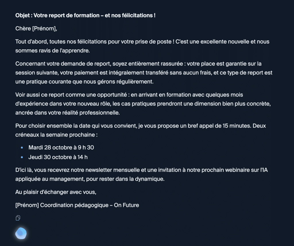 Email professionnel rédigé par Euria avec des dates de rendez-vous erronées